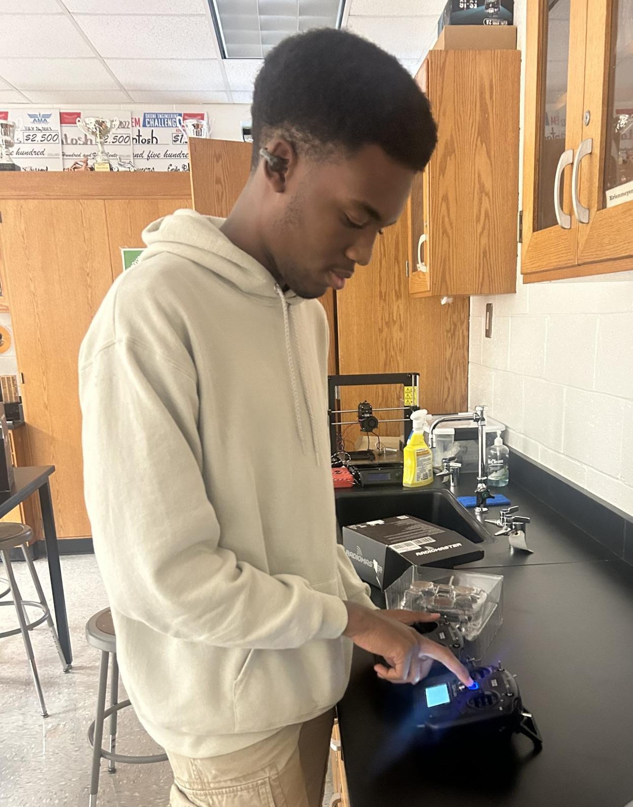 Senior and drone commander Arinze Ugbajah setting up for drone meeting Sept. 17.