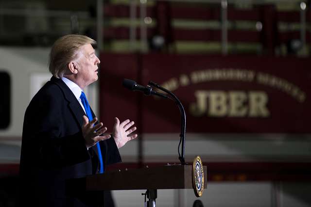 President Donald Trump speaks to service members at Joint Base Elmendorf-Richardson, Alaska, Feb. 28, 2019. The President was at the base to meet with service members after returning from a summit in Hanoi, Vietnam. (U.S. Air Force photo by Staff Sgt. Westin Warburton)



 "The appearance of U.S. Department of Defense (DoD) visual information does not imply or constitute DoD endorsement." (U.S. Army photo by Staff Sgt. Westin Warburton)