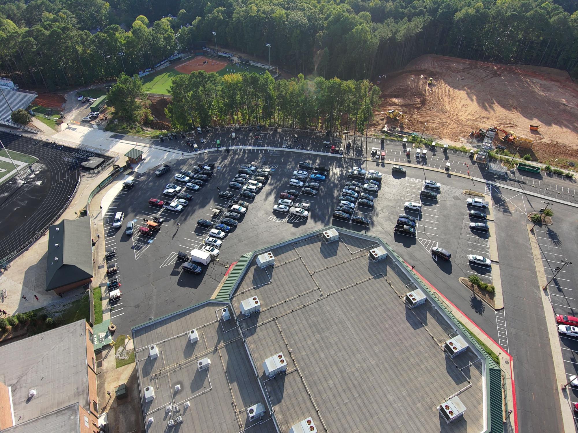 Drone shot taken of the student parking lot and what used to be the marching band's practice field. 