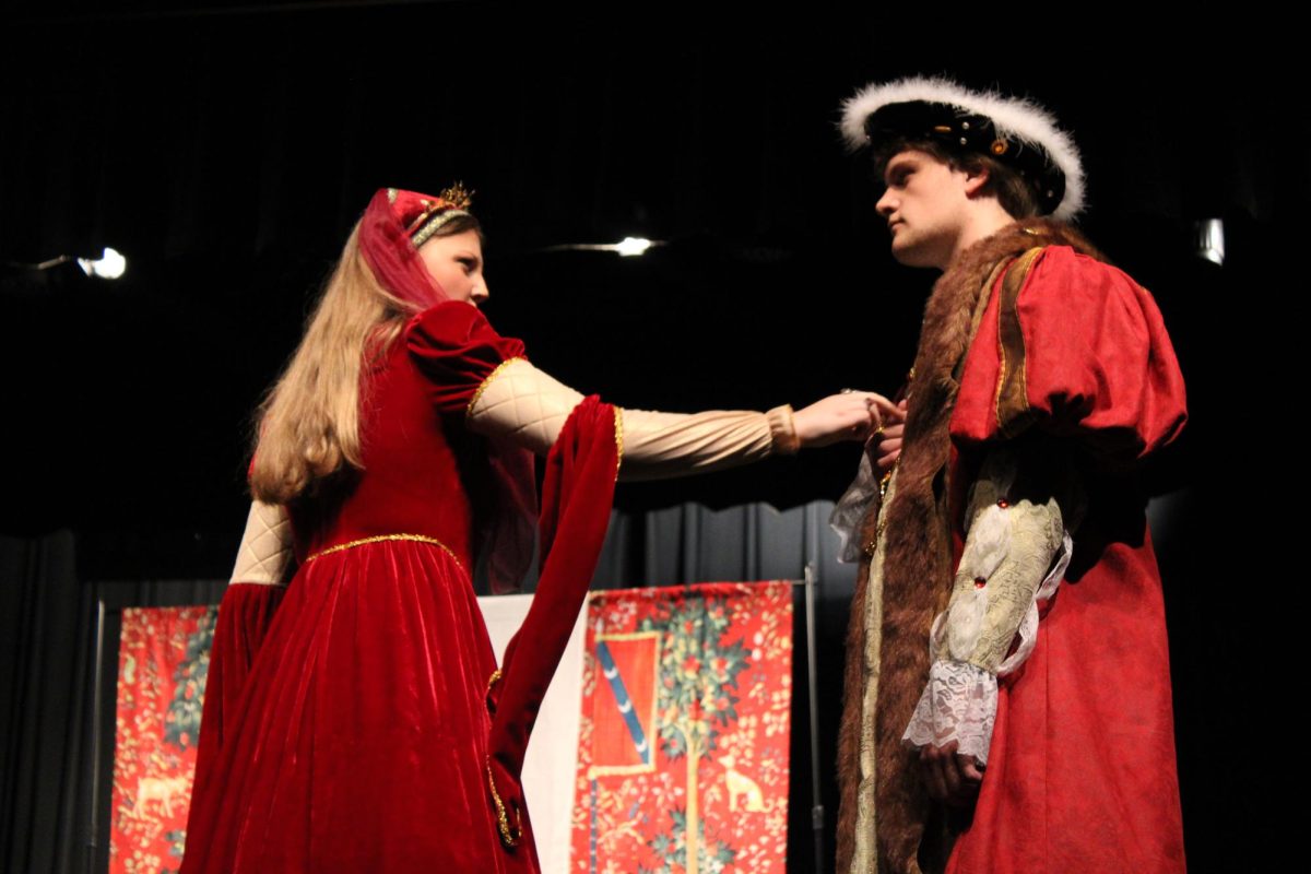 Catherine of Aragon played by Addy Blair (12), confronts Purgatory Henry played by Tyler Hooten (12.)