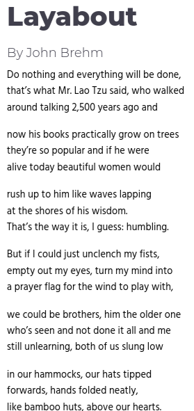 Screenshot of John Brehm's poem "Layabout." Screenshot by Ashlee Lefever.