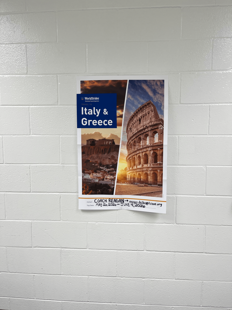 Photo of Italy and Greece trip poster in McIntosh hallway. Photo by Grace Lovejoy.