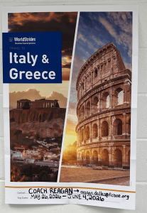 Photo of Italy and Greece trip poster in McIntosh hallway. Photo by Grace Lovejoy.