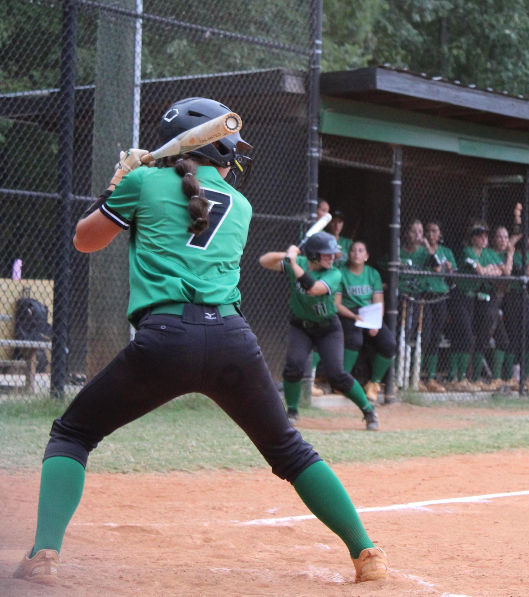 Amelia Angier batting at home plate at the Dutchtown game on Aug.16 Photo by Noa Amos