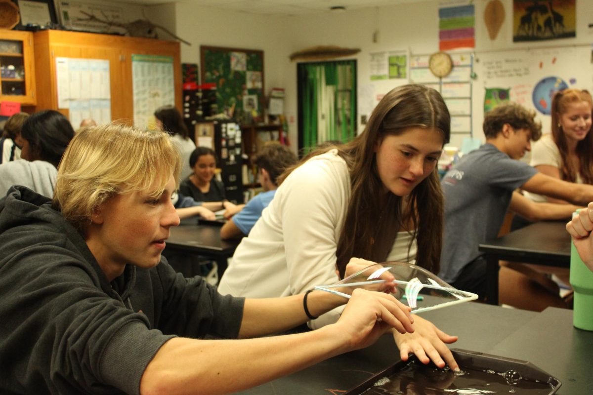 Holding the bubble straws Conner Johnson (12) participates with his lab group the bubble lab on Sept. 17. “The whole lab basically talked about how membranes are very flexible and fluid, and how, even inside the cell can be flexible and can move around a bit and not break,” Izabella Herrera (12) his lab partner said.