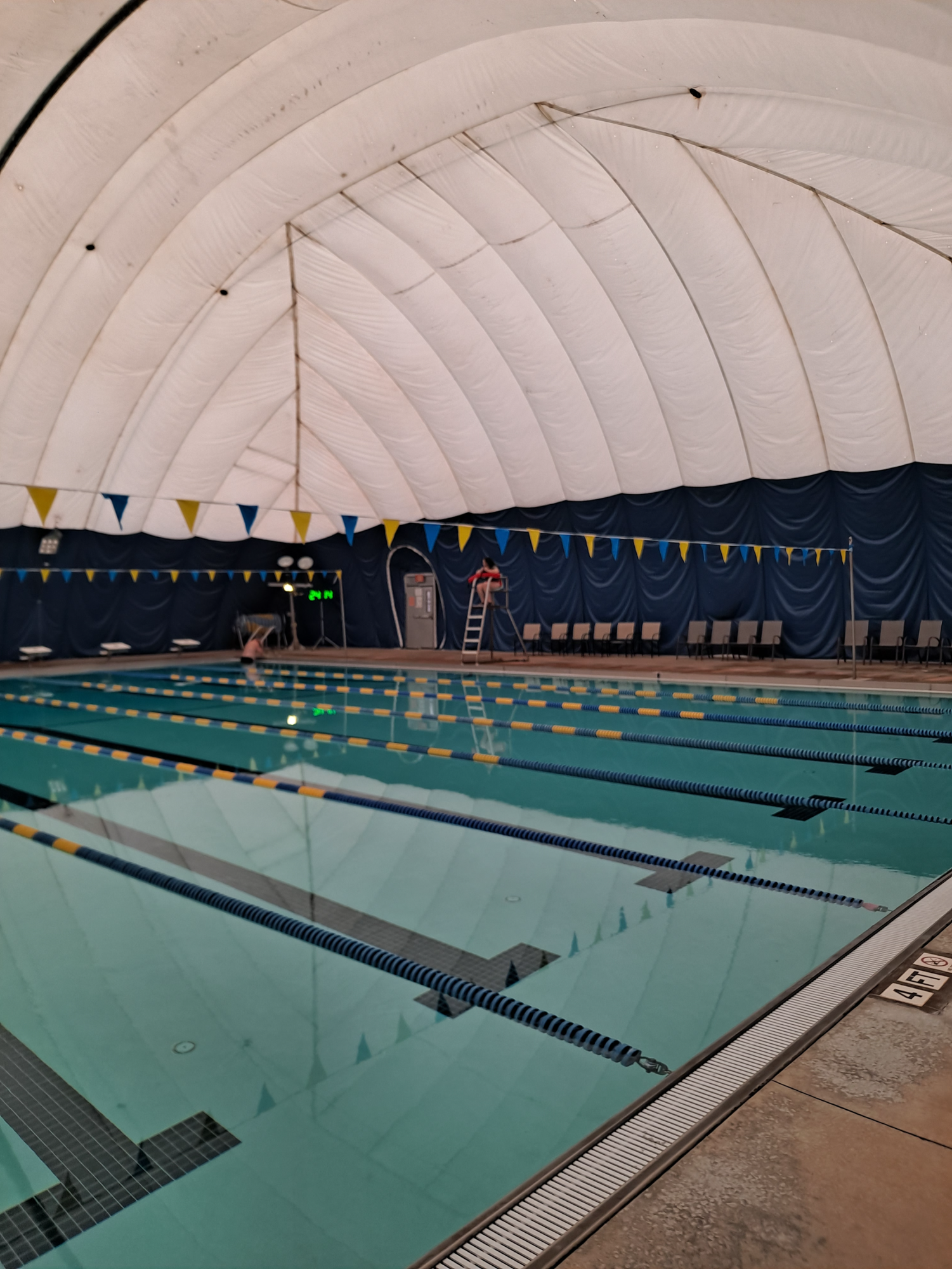 Photo of the Kedron competitive pool under its bubble for insulation during the winter