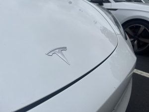 A tesla owned by a McIntosh student parked on campus at McIntosh High School.