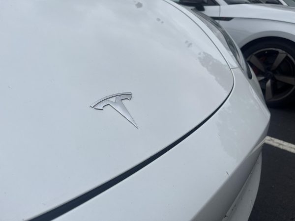 A tesla owned by a McIntosh student parked on campus at McIntosh High School.