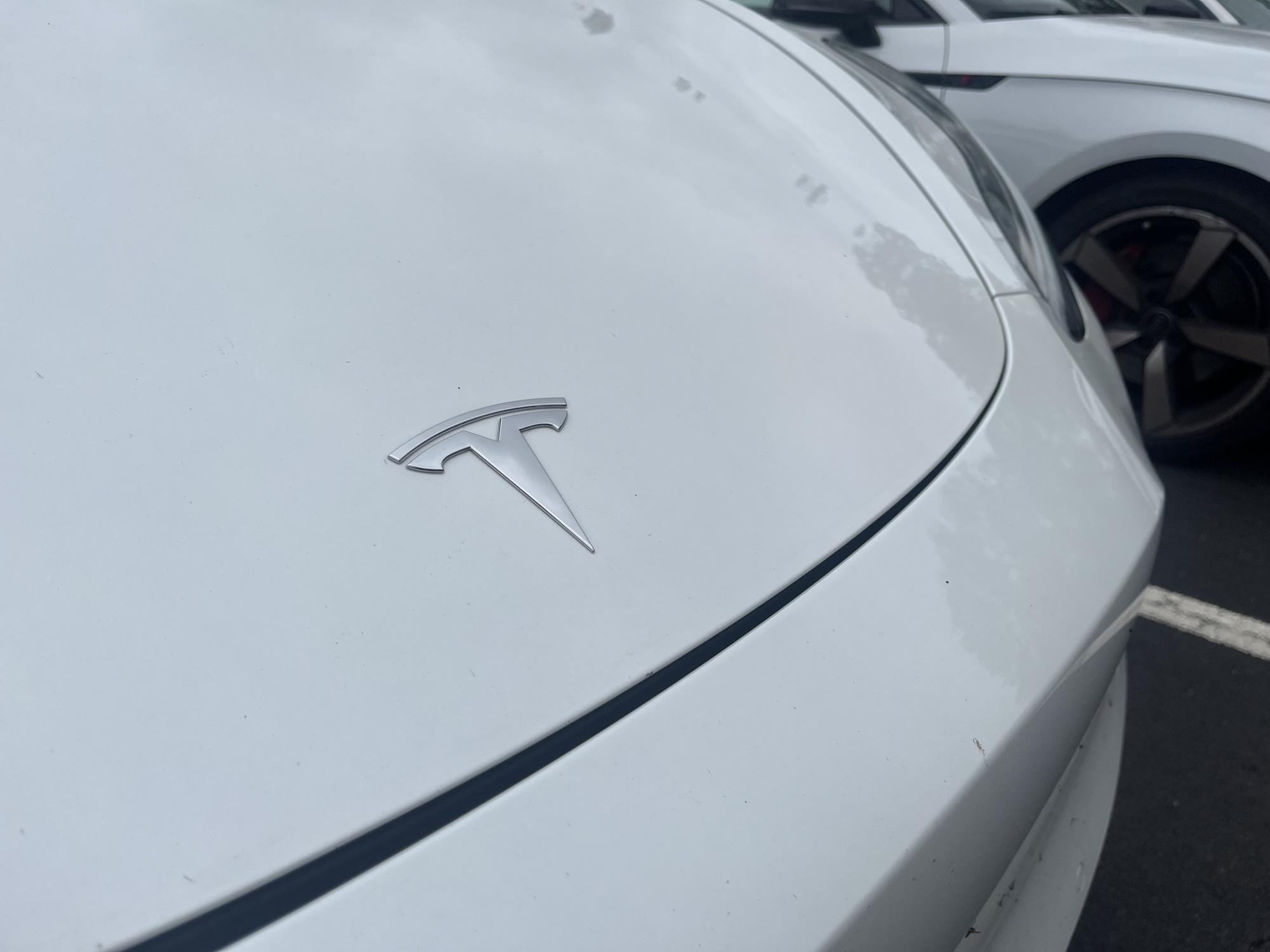 A tesla owned by a McIntosh student parked on campus at McIntosh High School.