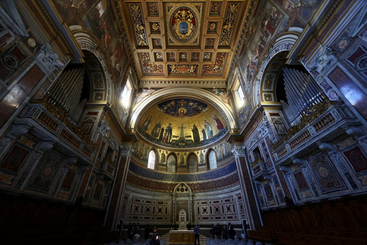 A view of the Papal Cathedra inside the Basilica of St. John Lateran, the ceremonial chair that symbolizes the Pope's authority as Bishop of Rome, during a rare guided tour, in Rome, Italy, April 30, 2025. REUTERS/Yara Nardi