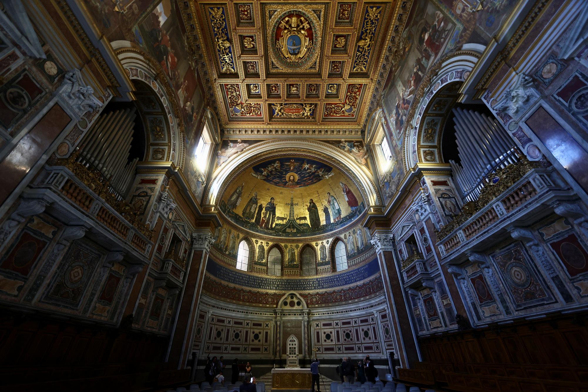 A view of the Papal Cathedra inside the Basilica of St. John Lateran, the ceremonial chair that symbolizes the Pope's authority as Bishop of Rome, during a rare guided tour, in Rome, Italy, April 30, 2025. REUTERS/Yara Nardi