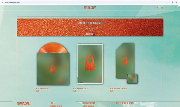 A screengrab of Taylor Swift's website shows purchase links for vinyls, cassettes and posters of her new album 'The Life of a Showgirl' with blurred cover images. TaylorSwift.com/Handout via REUTERS