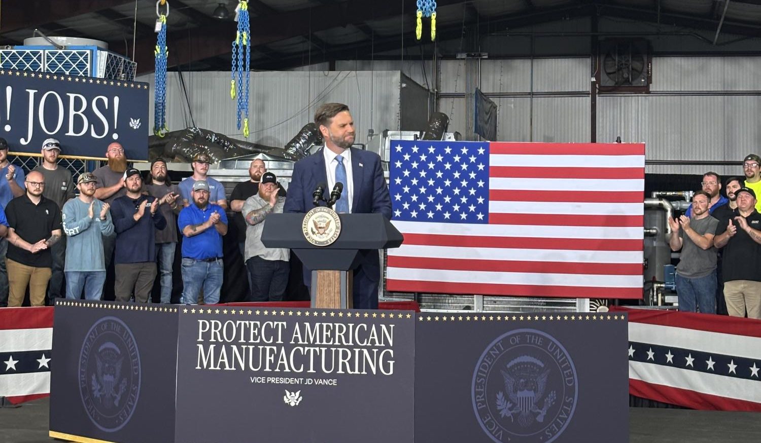 Vice President JD Vance speaks at Alta Refrigeration in Peachtree City on Aug. 23. Photo submitted by Rebekah Bushmire.