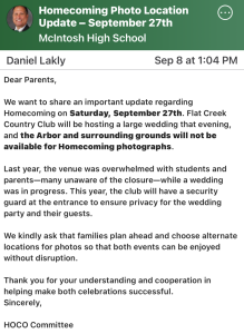 A screenshot of Daniel Lakly's message posted on Parent Square.