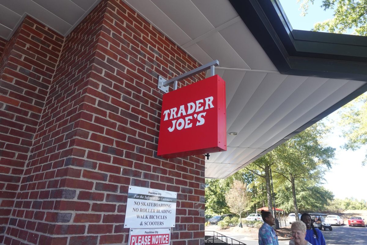 The Trader Joe's sign outside the store in the Peachtree City, Avenue.