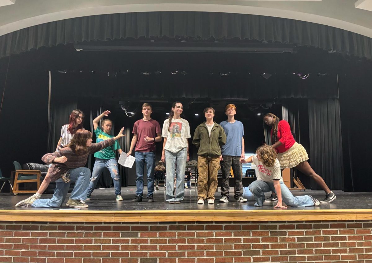 Photo of the cast during rehearsals for the One Act. Photo courtesy of senior Jessica Felker. 