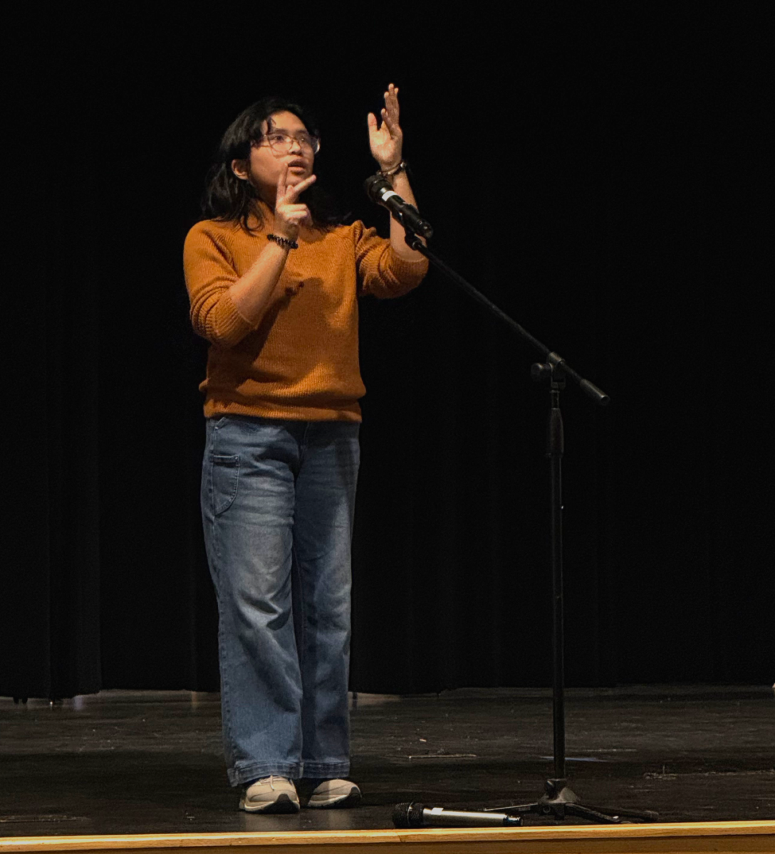 Sophomore, Maya Otico reciting her poem "O Captain! My Captain!"