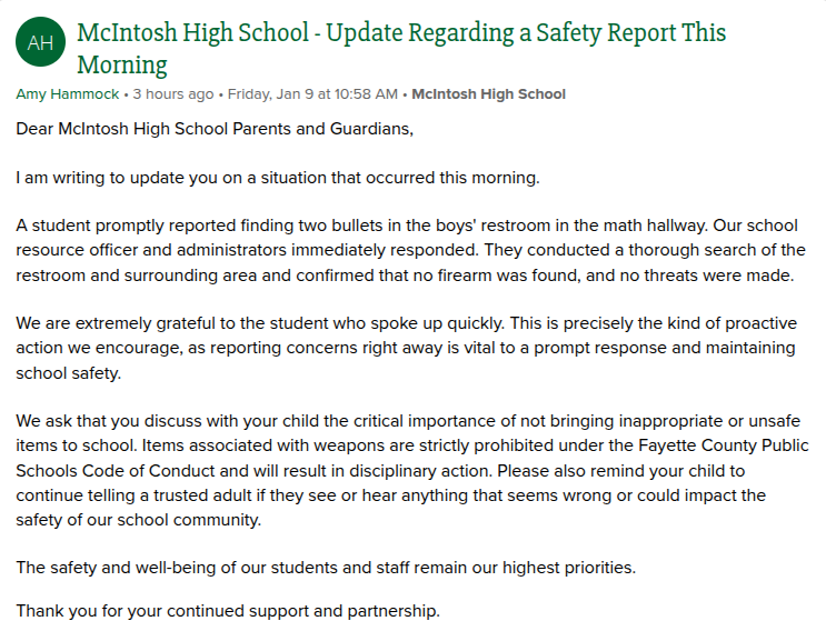 Principal Amy Hammock's message on StudentSquare to students and parents regarding the situation.