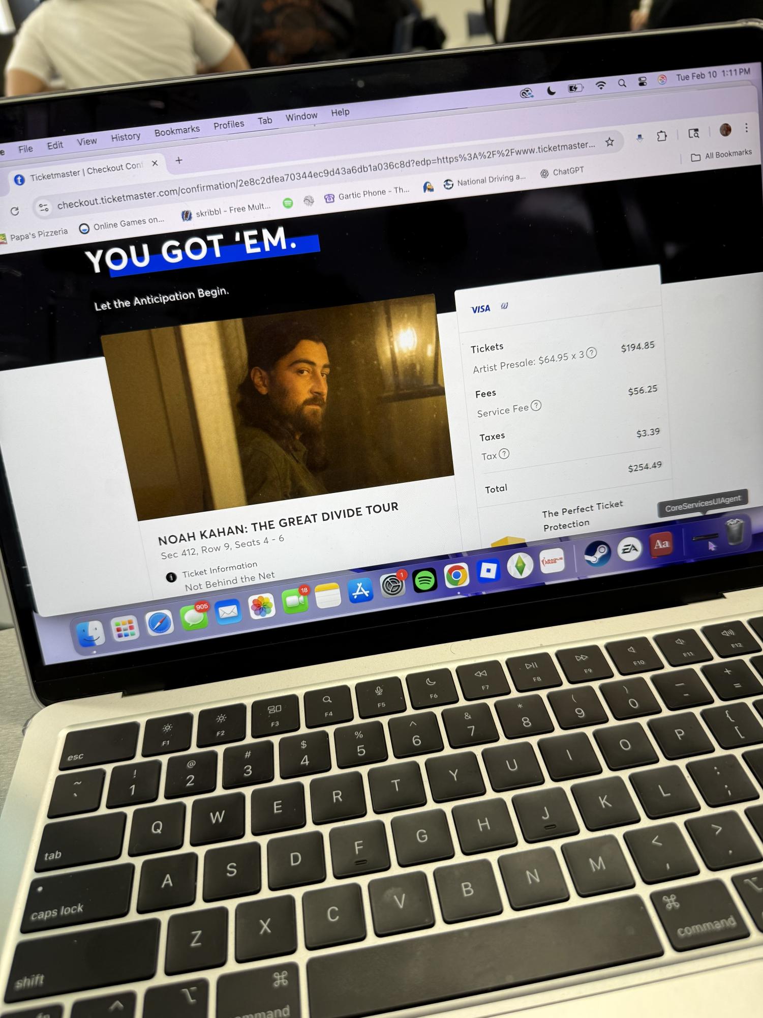 Ticketmaster confirmation screen after purchasing Noah Kahan tickets.