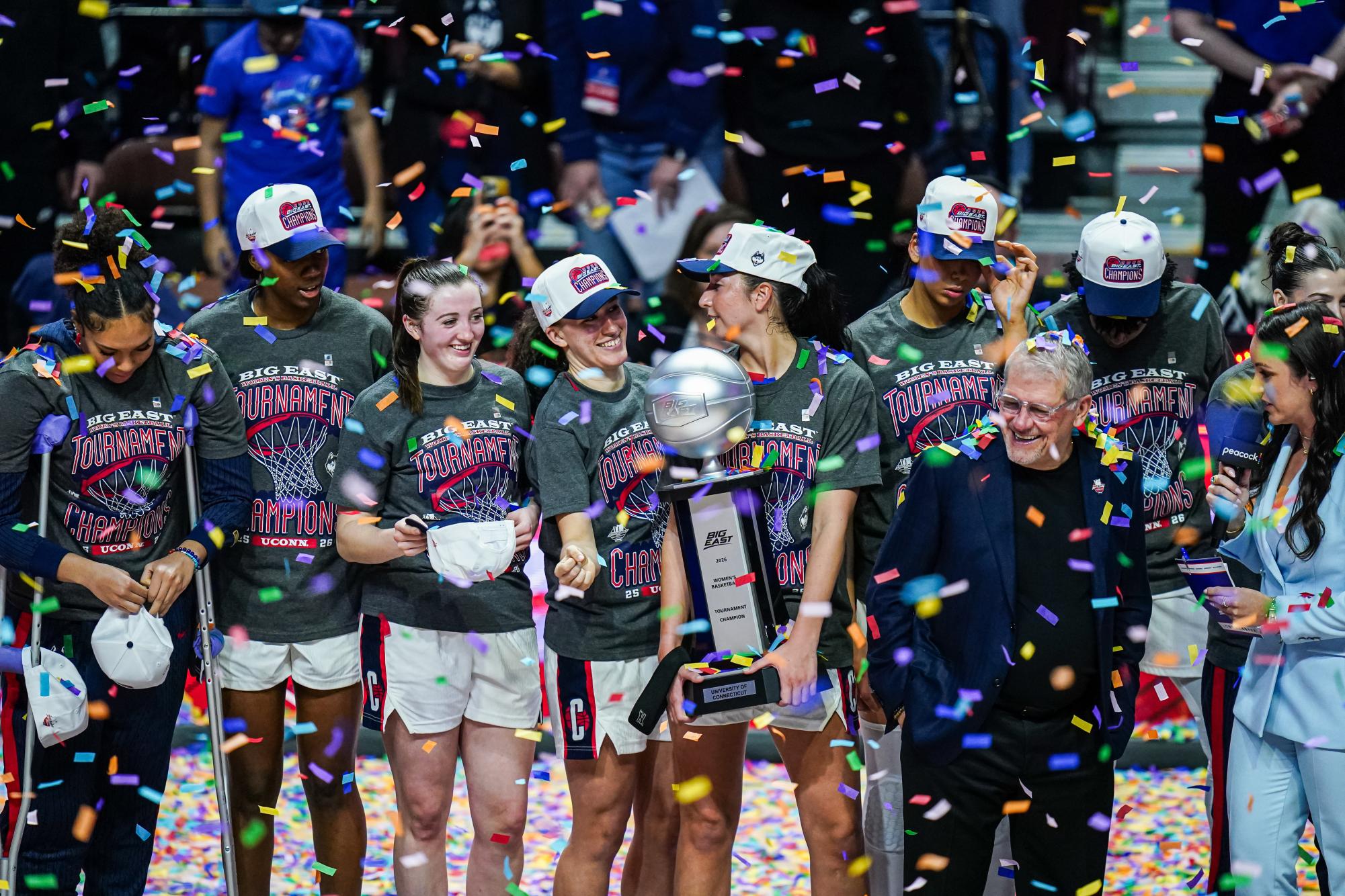 Mar 9, 2026; Uncasville, CT, USA; UConn Huskies head coach Geno Auriemma on stage as they celebrate their Big East Championship win over the Villanova Wildcats at Mohegan Sun Arena. Mandatory Credit: David Butler II-Imagn Images