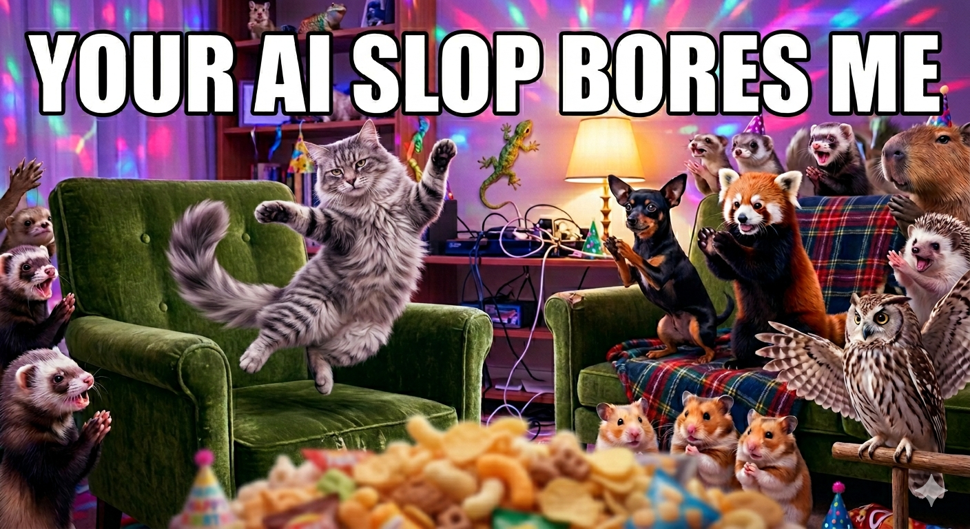 AI generated image using Gemini. Prompt:  (1) Man an image with the words "your AI Slop' bores me" above a meme. (2) Make the cat dancing and other animals applauding. (3) Make the chips on the ground less distinguishable and make the cat dance different.